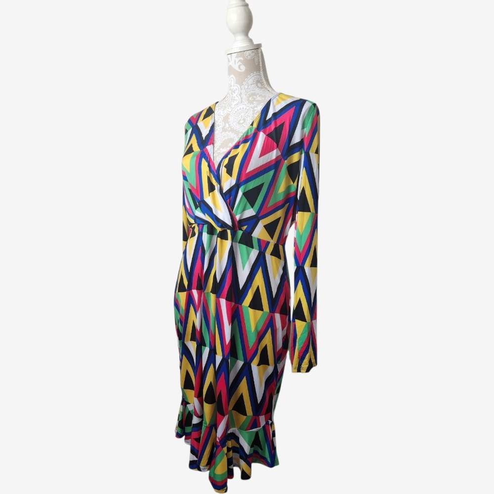 The Curve By Judani Colorful Triangle Print Faux Wrap Dress Size 3X